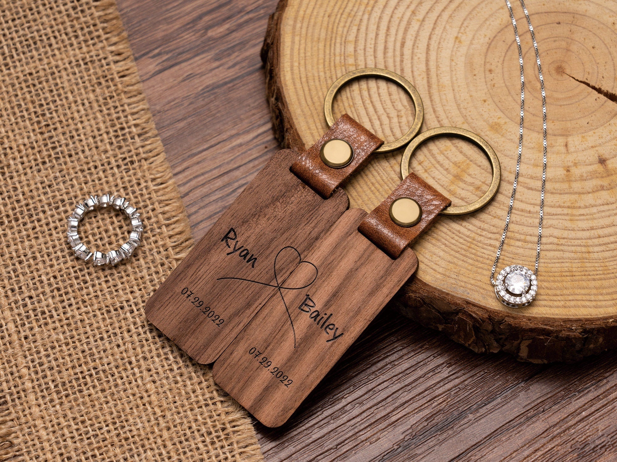 Personalised Wood Couple Keychain, Engraved Keyrings for Couple