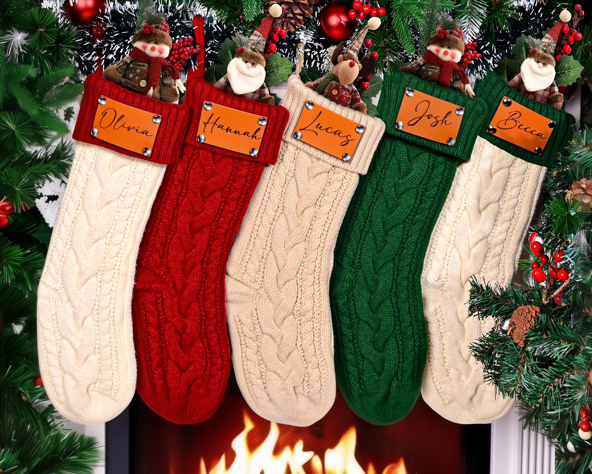 Personalized Christmas Stockings, 2025 Custom Stocking with Name, Knitted Stockings, Engraved Leather Patch Stockings