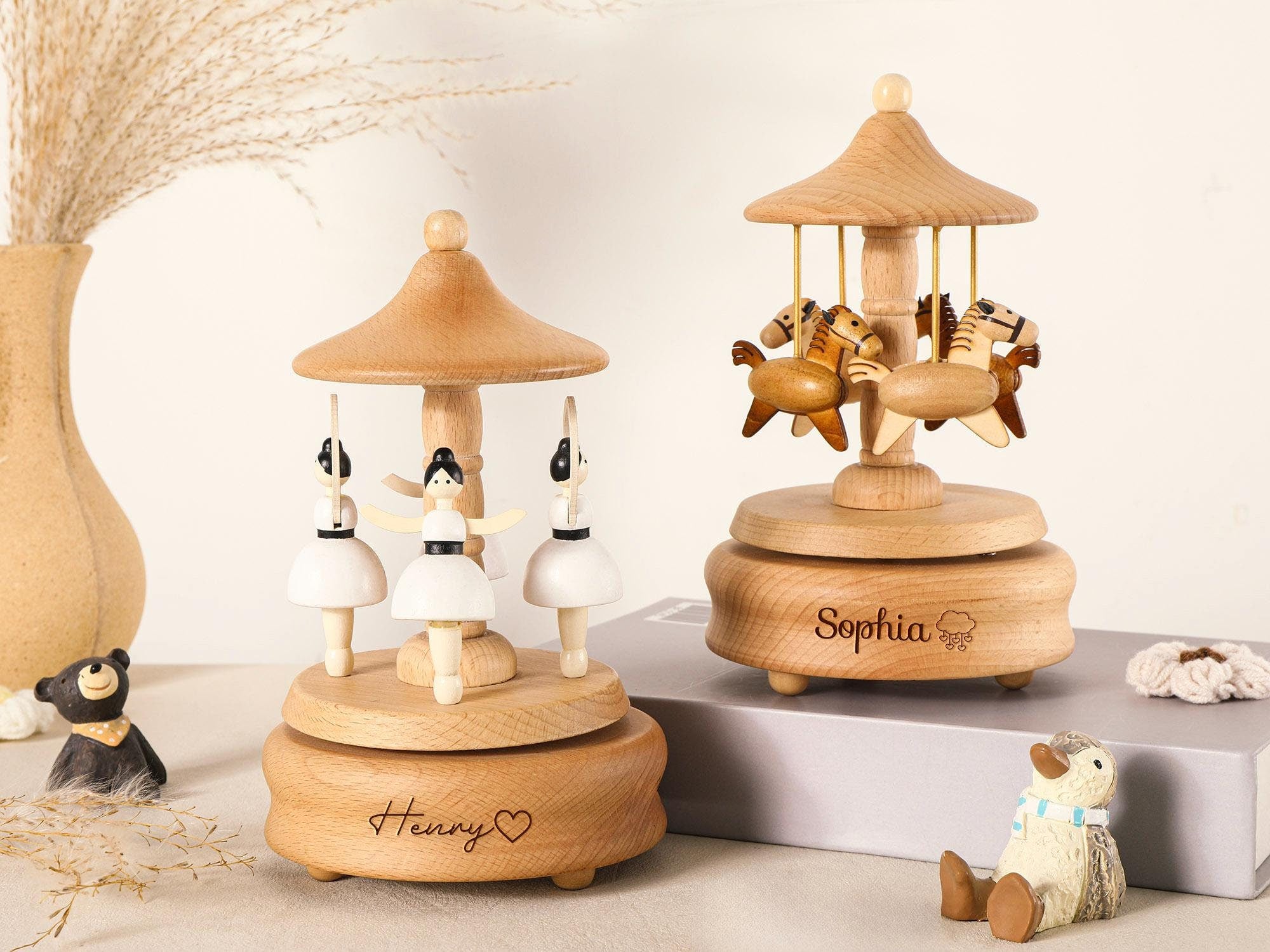 Musical Wooden Ballerina Carousel Keepsake, Engraved Name Music Box, Personalized Wooden MusicBox