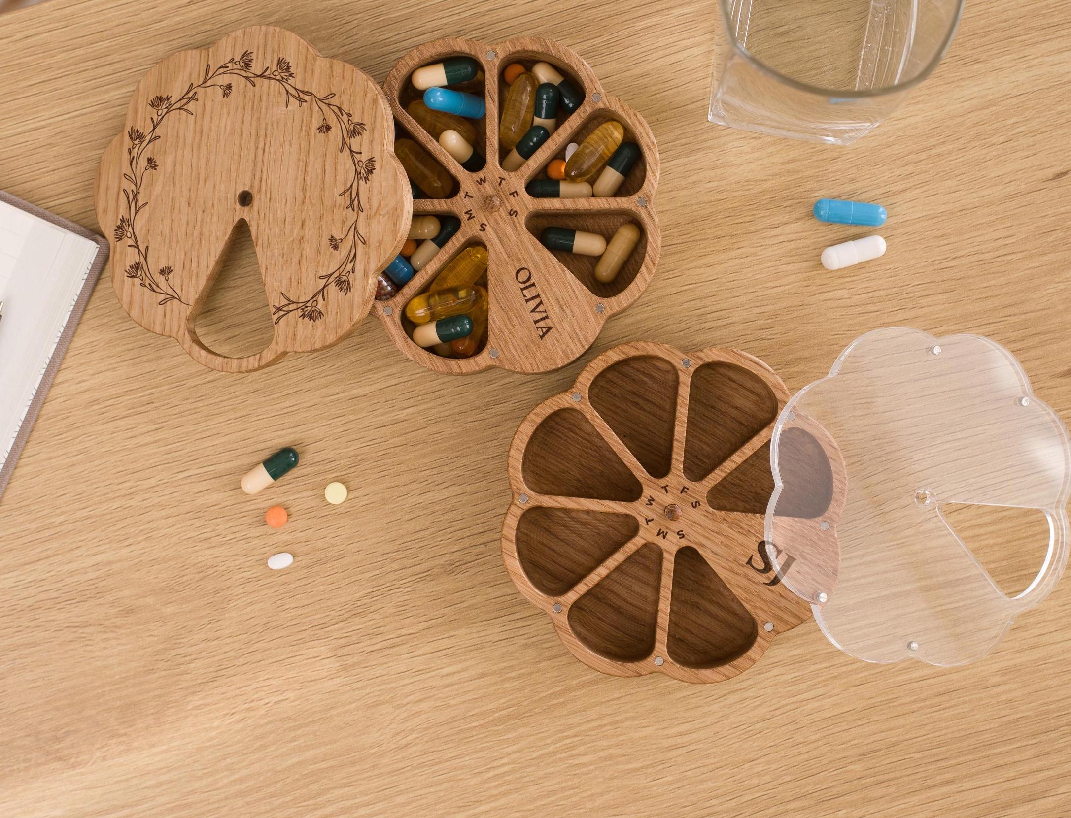 Daily Pill Organizer, Pill Container, Weekly Pill Box, Wooden Pill Case 7 Day, Vitamin Organizer