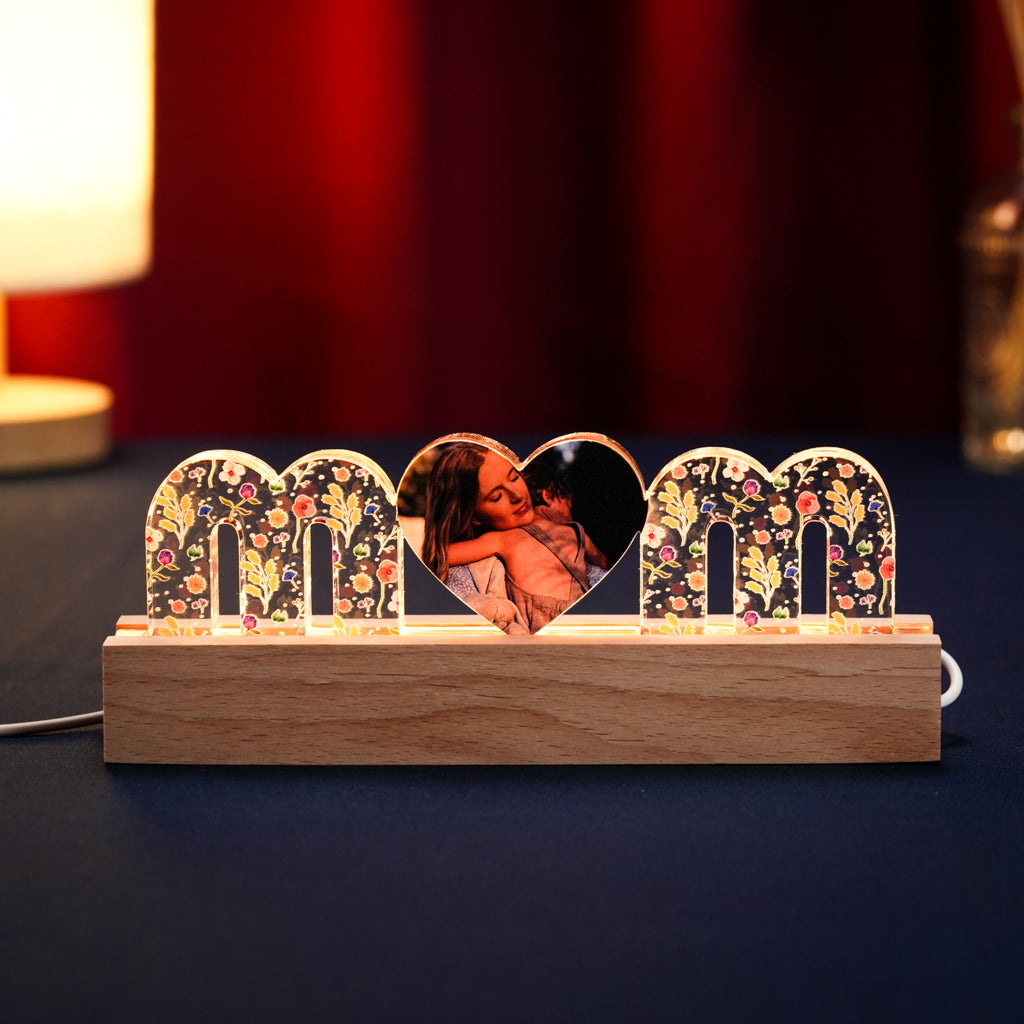 Custom MOM Light with Floral Design and Photo Heart