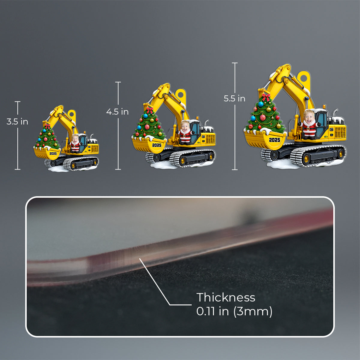 Personalized Xmas Excavator Construction Backhoe Kid Photo Ornament, 3D Effect Xmas Gift For Kids