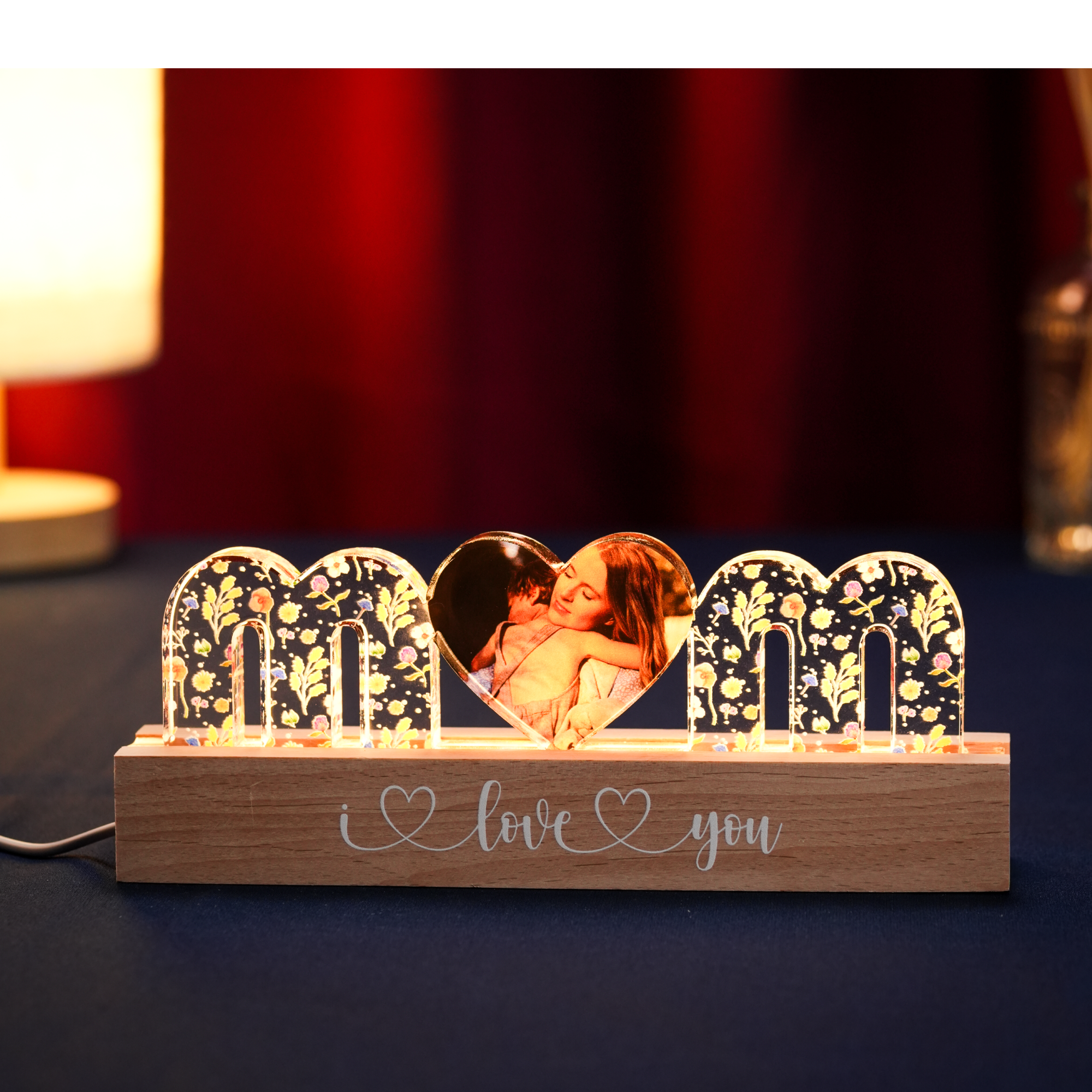 Custom MOM Light with Floral Design and Photo Heart