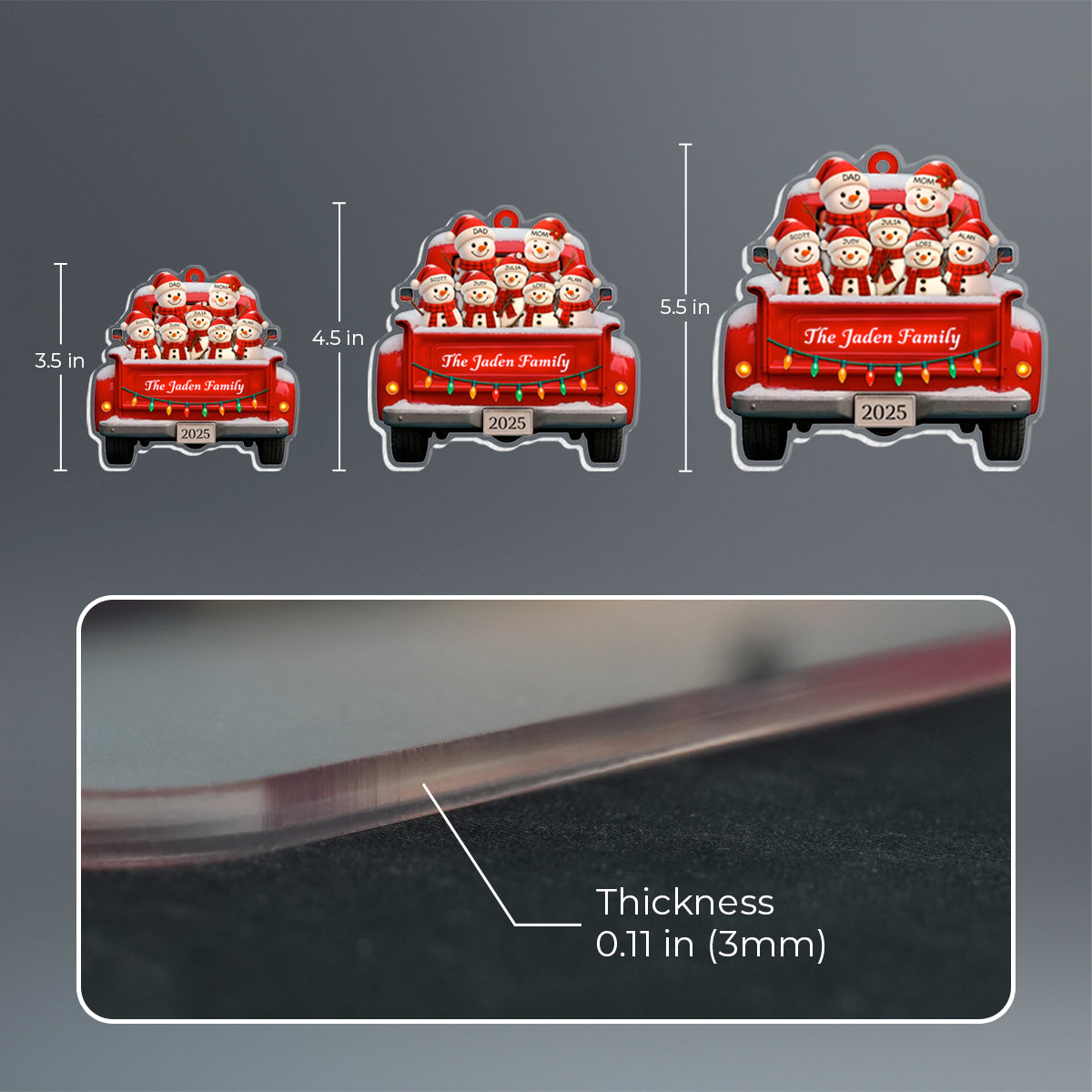 Personalized Snowman Family Christmas Ornament, Red Truck Christmas Ornament, Snowman Ornament, Custom Name Ornament, Baby First Christmas