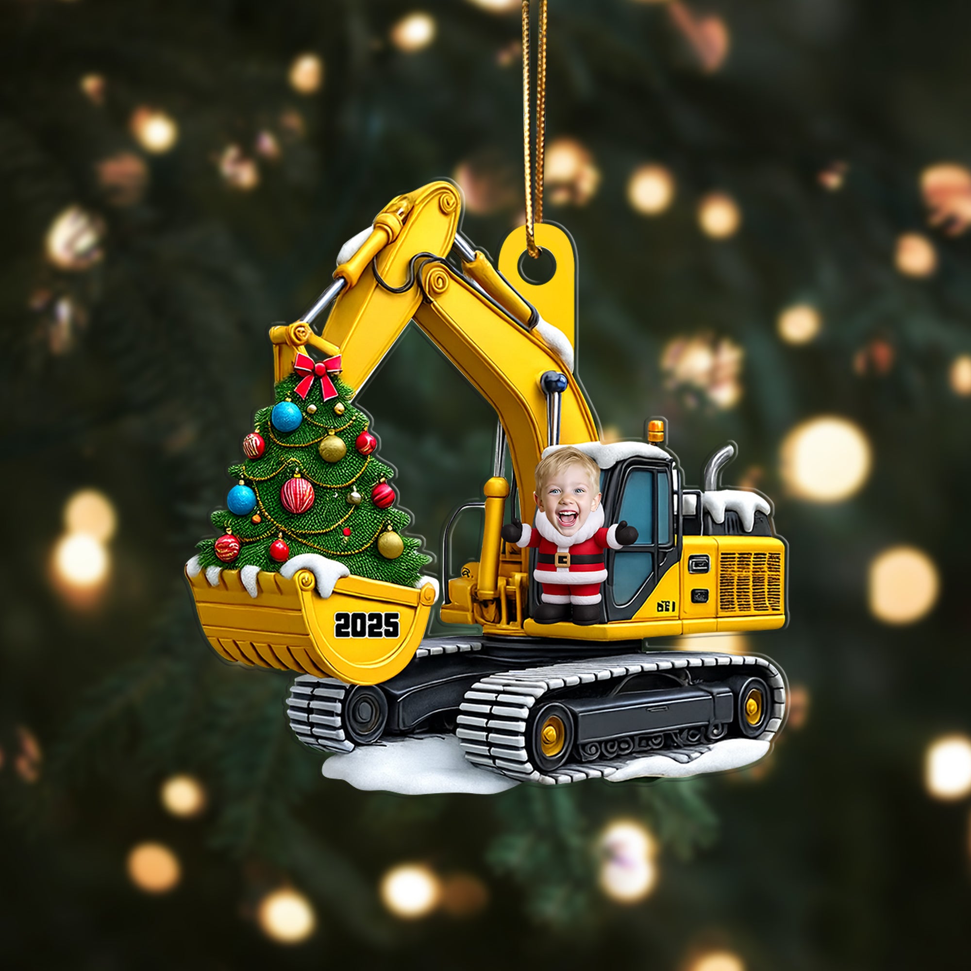 Personalized Xmas Excavator Construction Backhoe Kid Photo Ornament, 3D Effect Xmas Gift For Kids