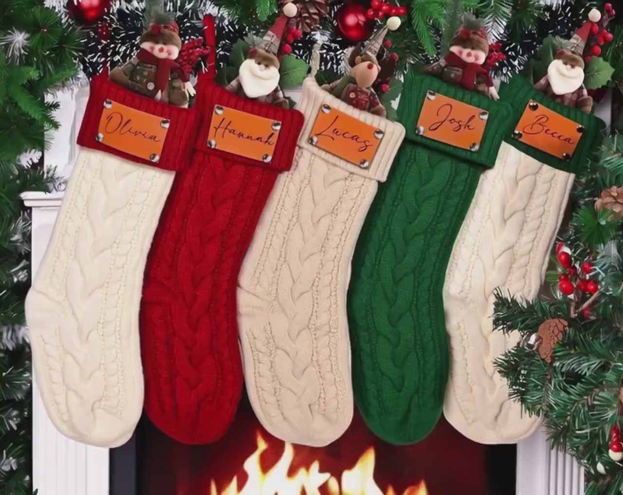 Personalized Christmas Stockings, 2025 Custom Stocking with Name, Knitted Stockings, Engraved Leather Patch Stockings