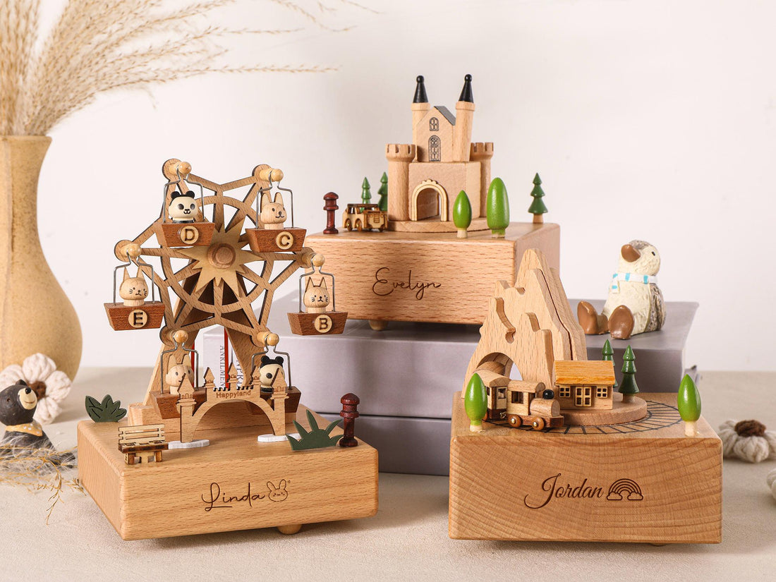 Musical Wooden Ballerina Carousel Keepsake, Engraved Name Music Box, Personalized Wooden MusicBox
