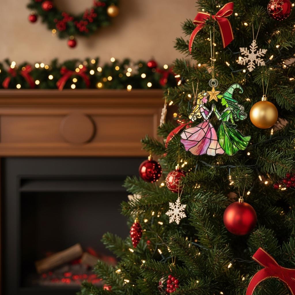 Elphaba and Glinda Stained Christmas Ornament, Wizard of Oz Wicked Musical Fan Art Decor, Xmas Tree Window Decoration